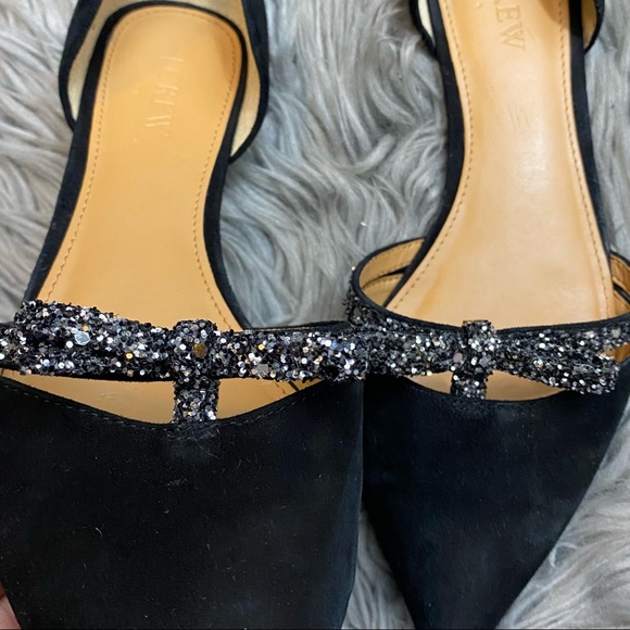 J.Crew Suede d'Orsay black  flats with glitter bow - Picture 4 of 12